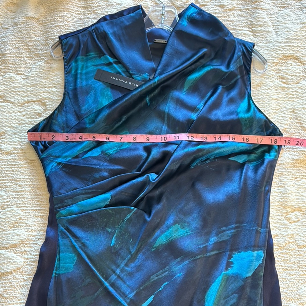NWT Elie Tahari Elegant Blue and Teal Silk Wrap Style Dress size 12 - Picture 11 of 12